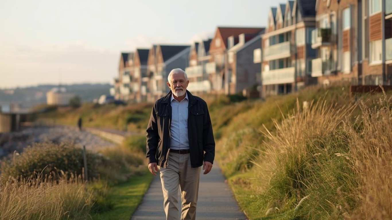 Retired man walking along a coastal path representing retirement lifestyle freedom after equity release